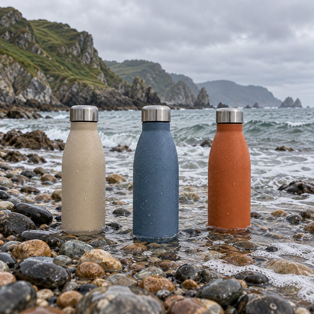 Tres botellas térmicas arena, azul y naranja en una playa de cantos rodados