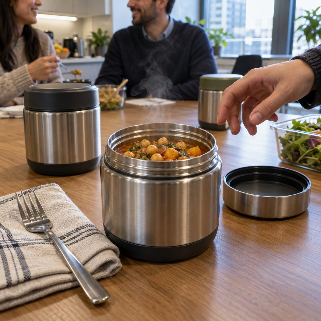Termos de comida abiertos con guiso de garbanzos en la mesa de la cocina de una oficina