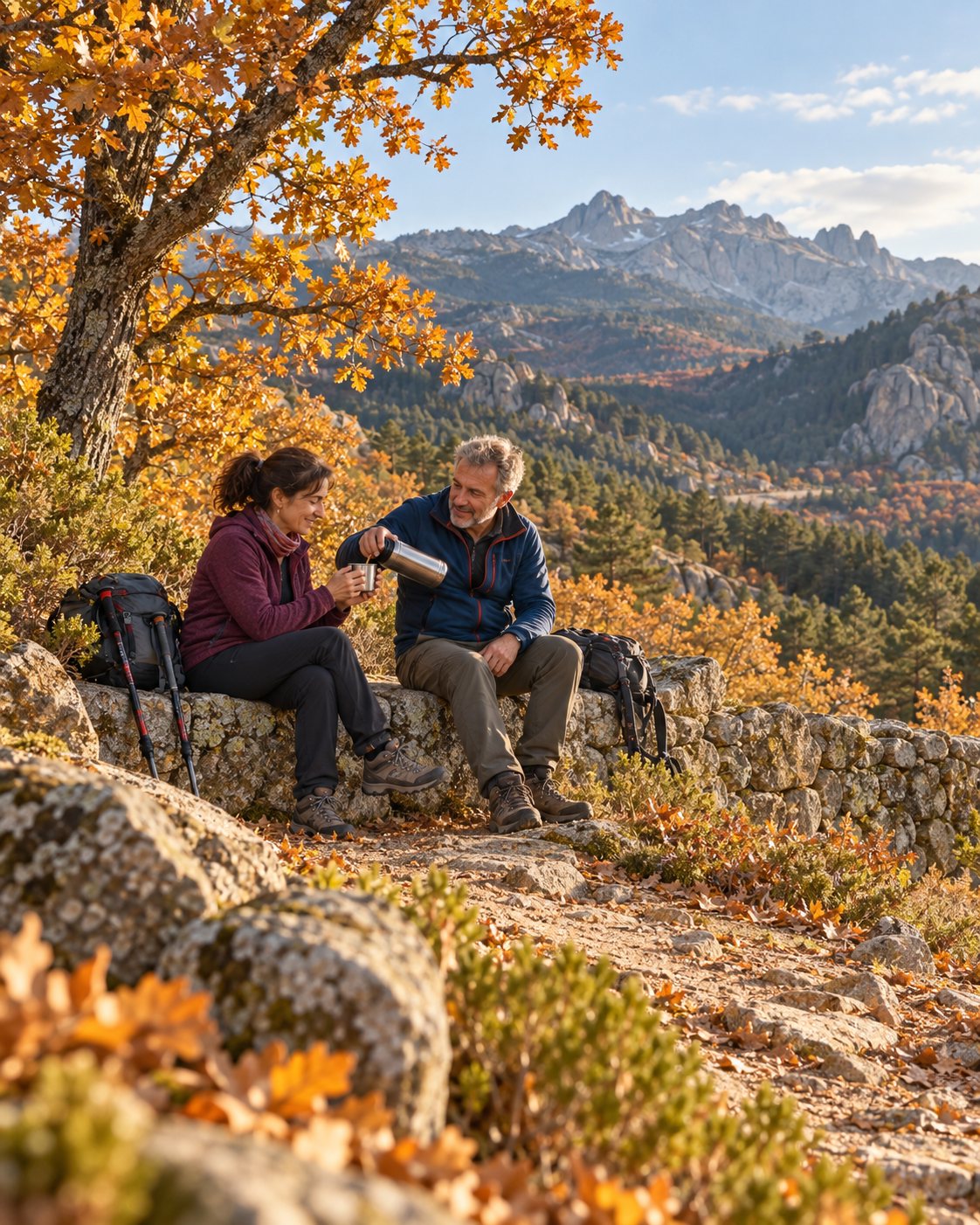 Pareja de senderistas compartiendo té de un termo sobre un muro de piedra en otoño