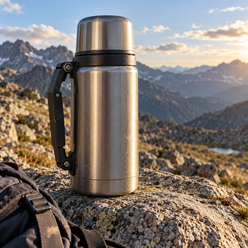 Termo grande de 1,5 litros con asa apoyado en una roca de granito en un collado de montaña
