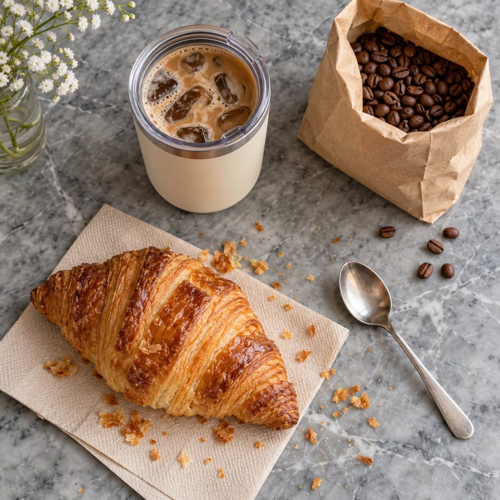 Vaso térmico pequeño color crema con café con hielo junto a un cruasán en una mesa de mármol