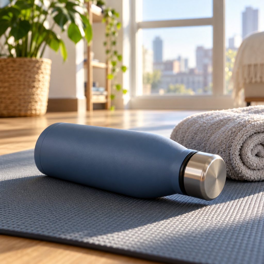 Botella térmica azul pizarra de 750 ml tumbada sobre una esterilla de yoga junto a una toalla