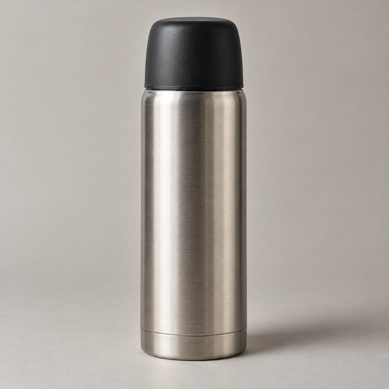 Termo de acero inoxidable cepillado de 1 litro con tapa vaso negra sobre fondo gris claro