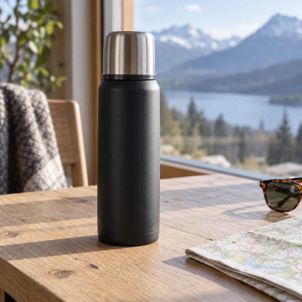 Termo negro mate de 750 ml sobre una mesa de roble junto a un mapa y unas gafas de sol