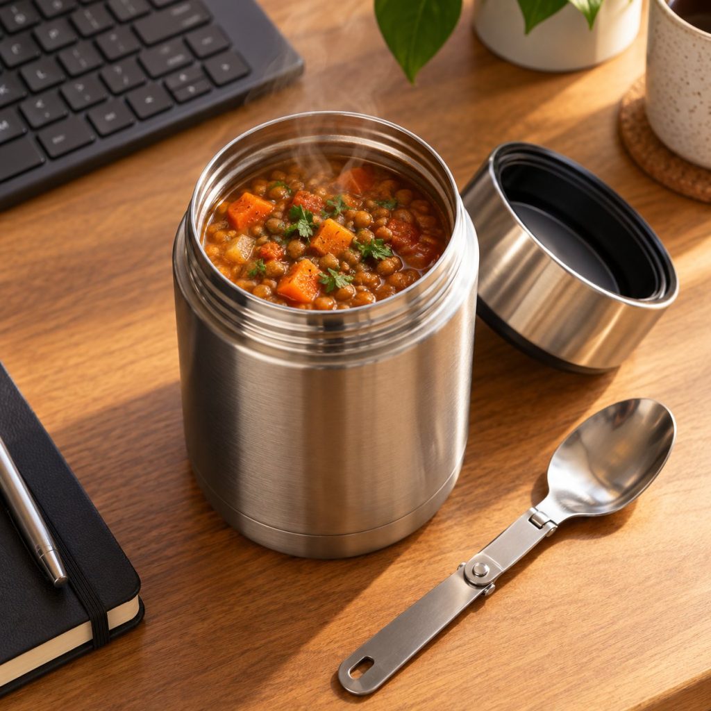 Termo de comida de acero de 500 ml abierto con lentejas calientes y cuchara plegable