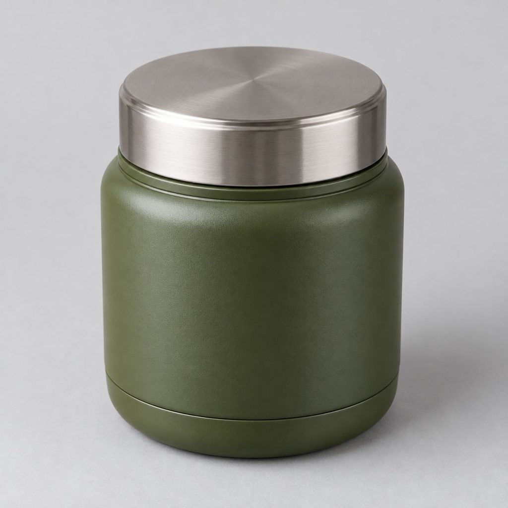 Termo de comida de 750 ml verde oliva cerrado sobre fondo gris claro