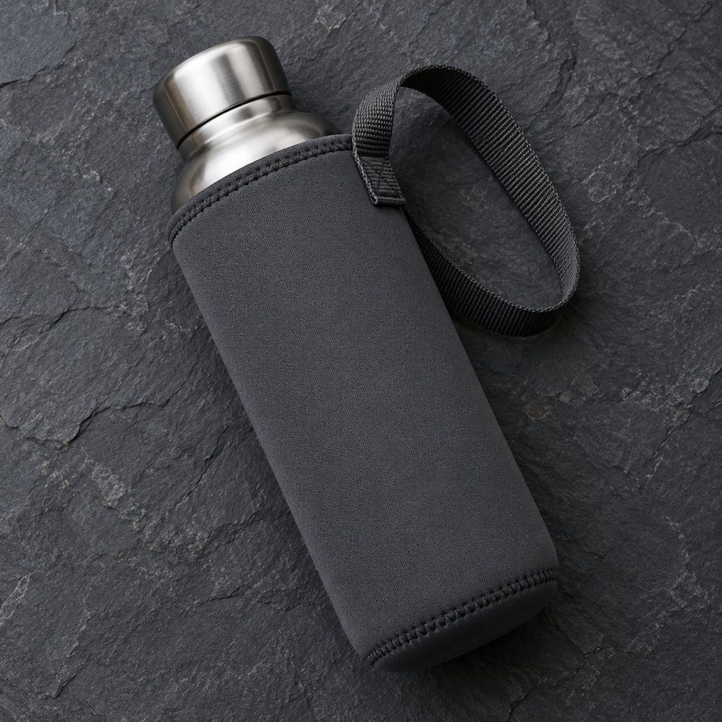Funda de neopreno gris con asa de cinta puesta en un termo de acero sobre pizarra
