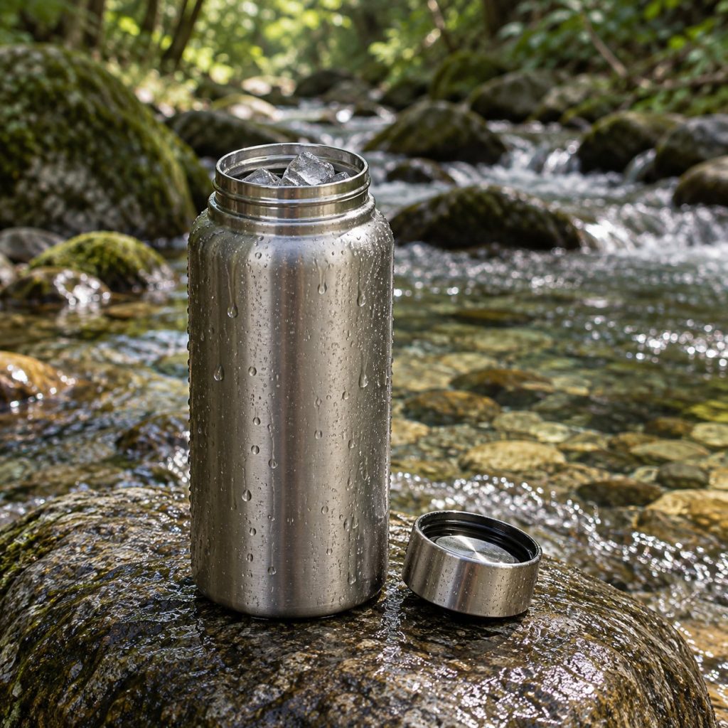 Botella de acero de 1 litro con boca ancha y cubitos de hielo sobre una piedra junto a un río