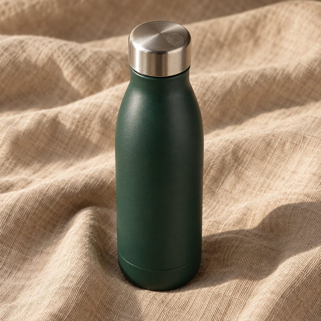 Termo compacto de 500 ml verde pino con tapón de acero sobre un paño de lino
