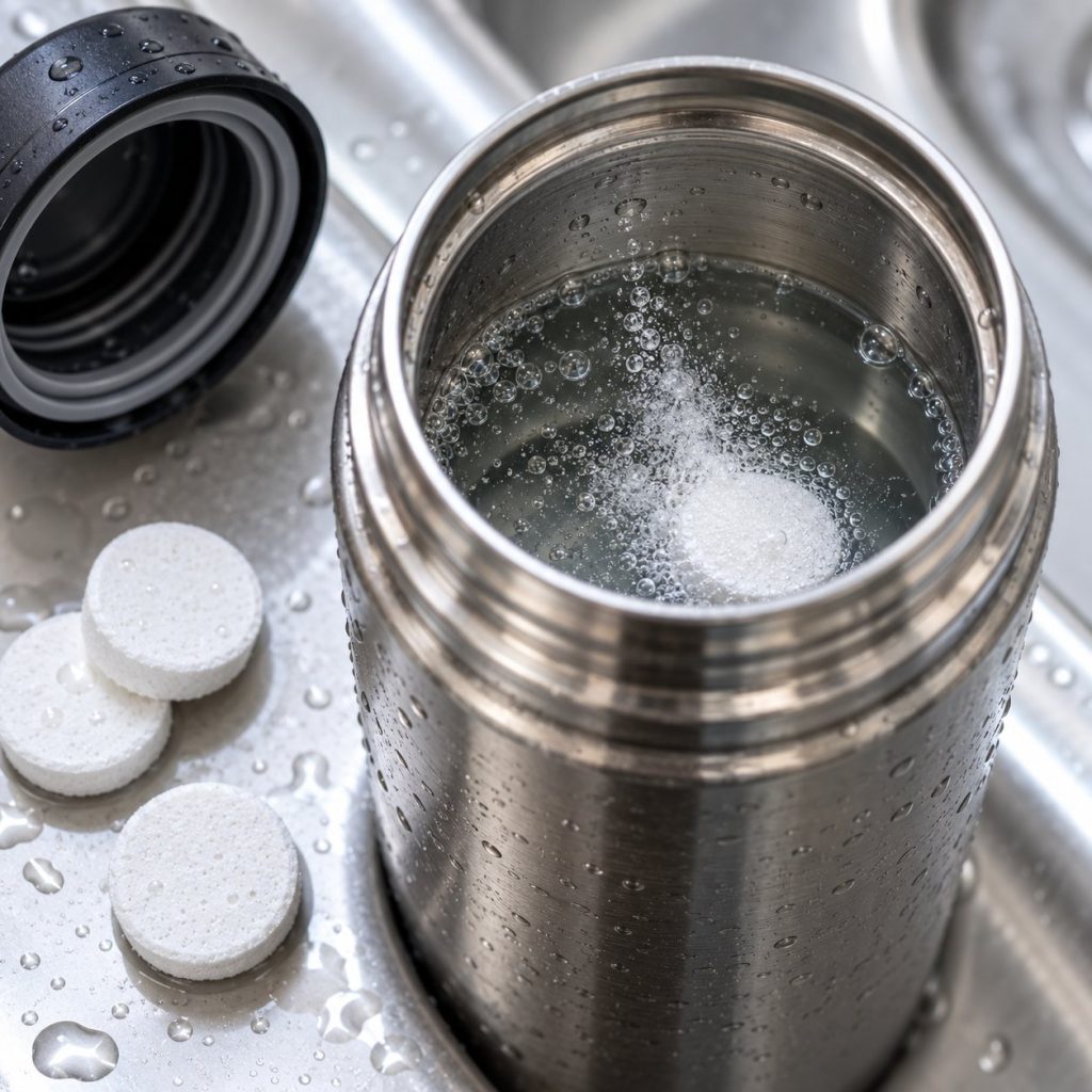 Pastillas limpiadoras efervescentes disolviéndose dentro de un termo de acero
