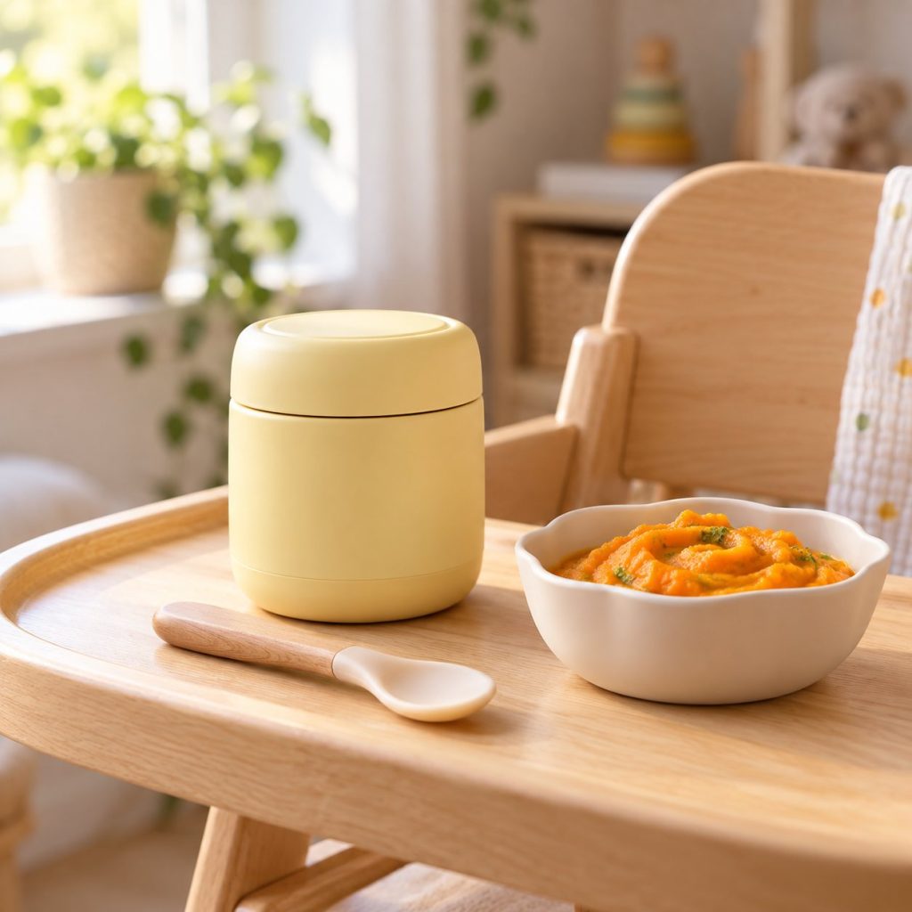 Termo papillero amarillo de 300 ml junto a un cuenco de puré en la bandeja de una trona