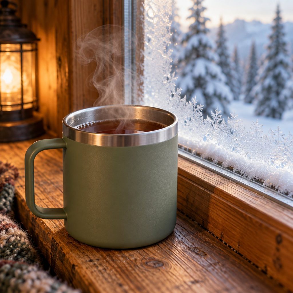 Taza térmica con asa verde salvia con té caliente en el alféizar de un refugio nevado