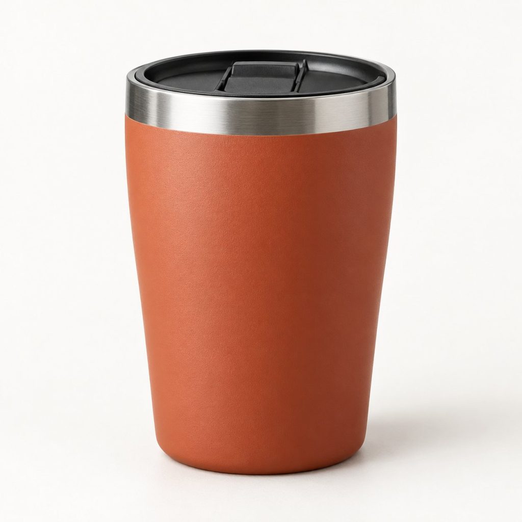 Taza térmica de 350 ml color terracota con tapa deslizante negra sobre fondo blanco