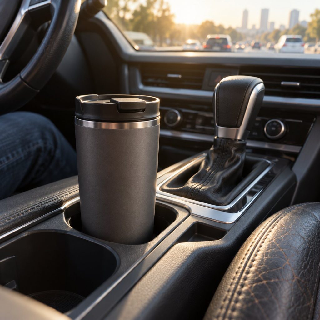 Taza térmica gris grafito de 470 ml en el portavasos de un coche por la mañana
