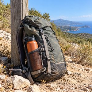 Botella naranja de 600 ml en el bolsillo lateral de una mochila junto a un poste en un sendero de costa