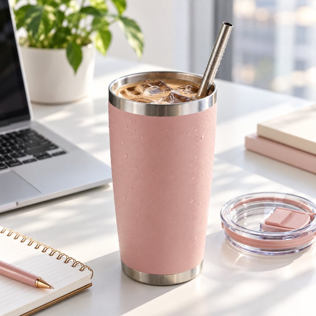 Vaso térmico rosa de 500 ml con pajita de acero y café con hielo en un escritorio