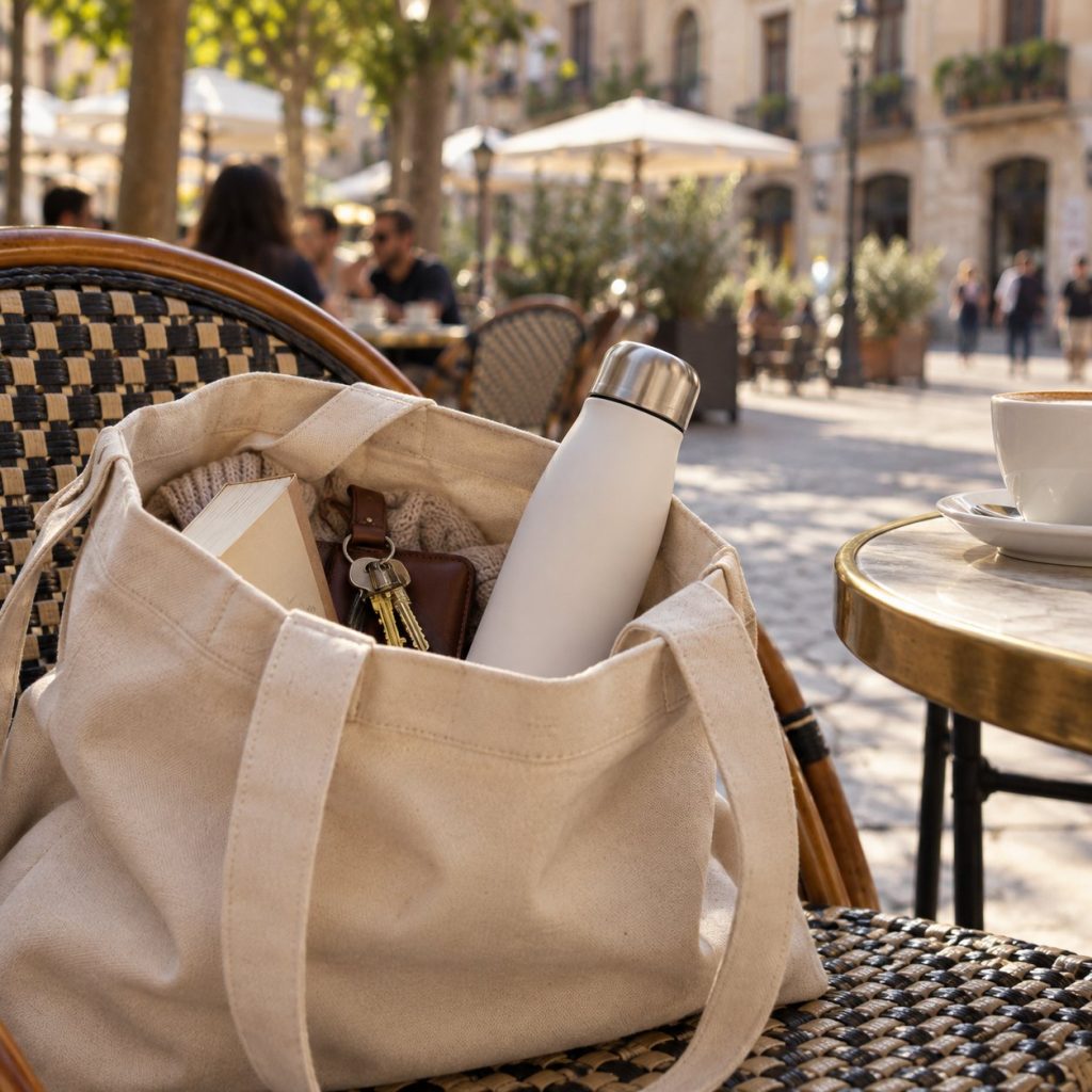 Botella térmica blanca y estrecha de 350 ml dentro de una bolsa de tela en una terraza