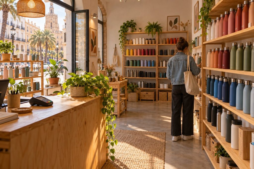 Estanterías con botellas y termos ordenados por colores en nuestro punto de recogida de València